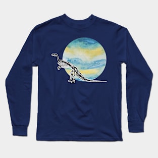 Dinosaur Skeleton in Space Blue Yellow Planet Long Sleeve T-Shirt